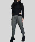 Military Green Jogger Pants with Front Zip Pockets and Back Zipper Detail