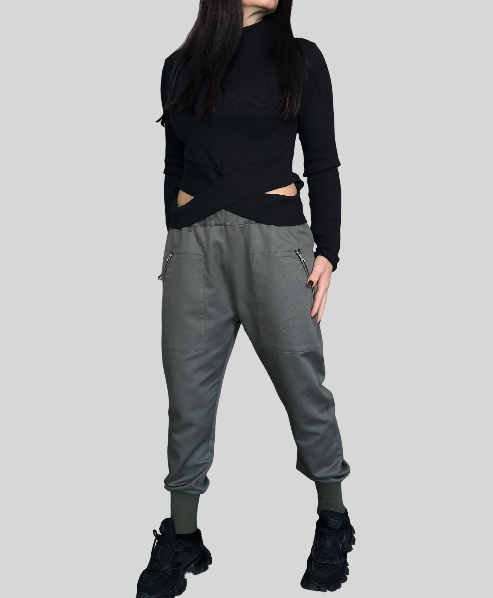Military Green Jogger Pants with Front Zip Pockets and Back Zipper Detail