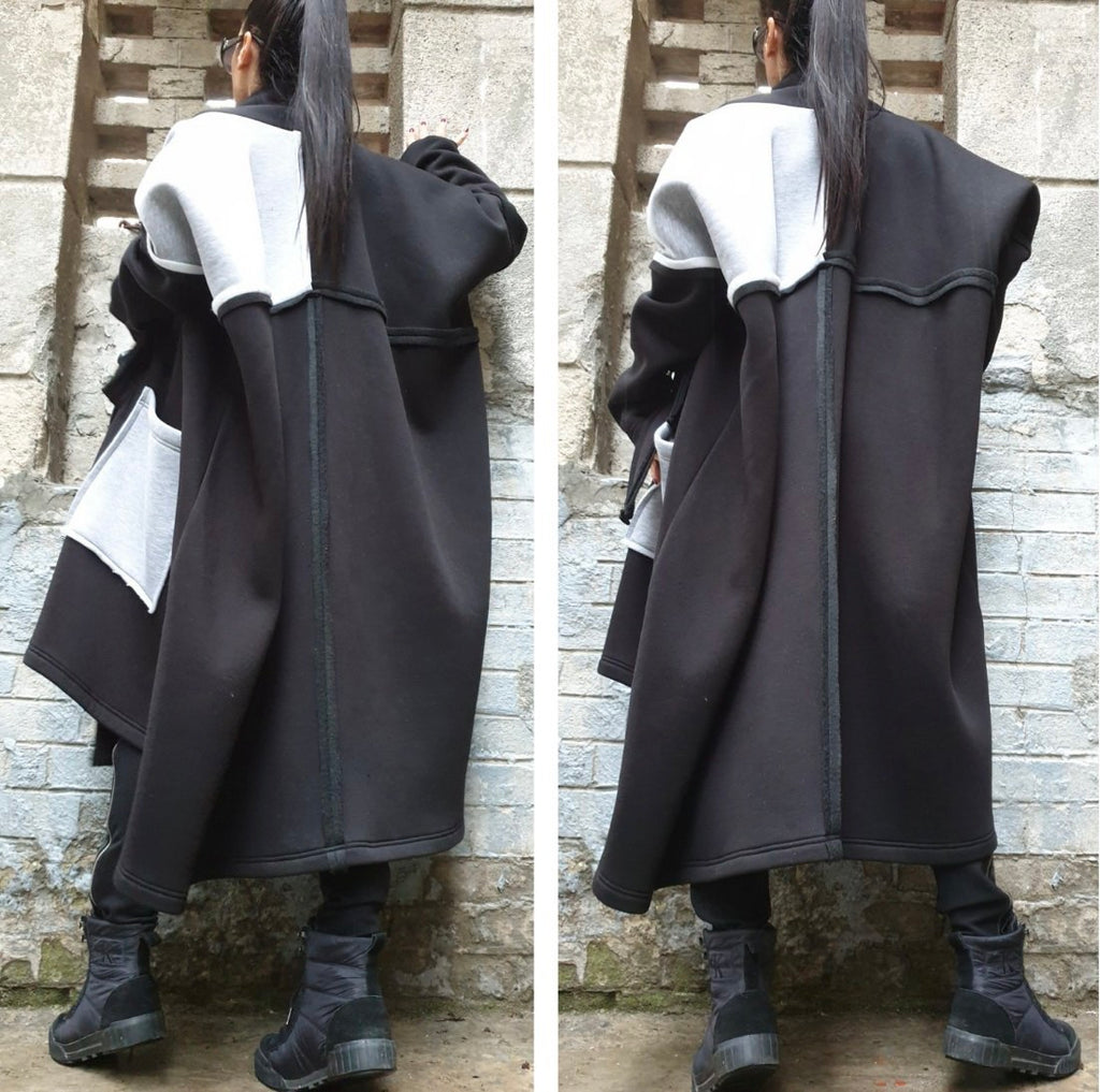 Black and Gray Asymmetric Coat with Oversized Pockets