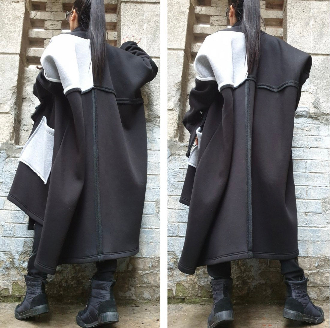 Black and Gray Asymmetric Coat with Oversized Pockets