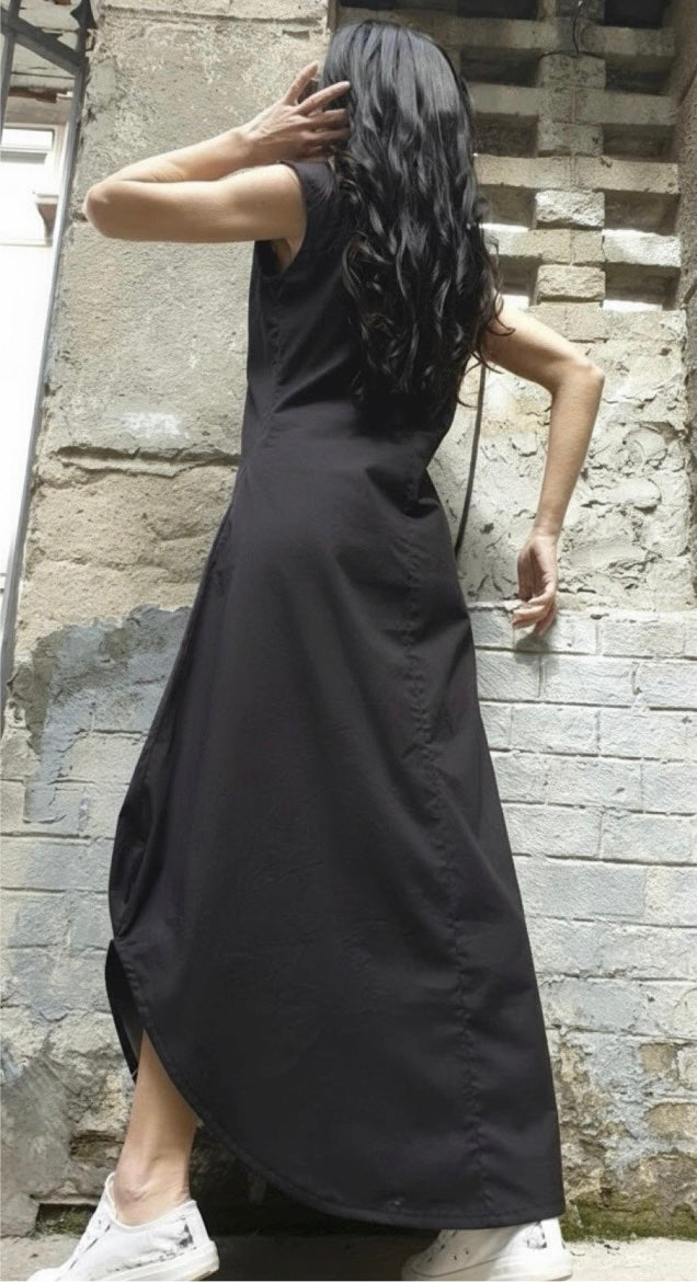 Black Asymmetric Sleeveless Cotton Dress – Short Front, Long Back