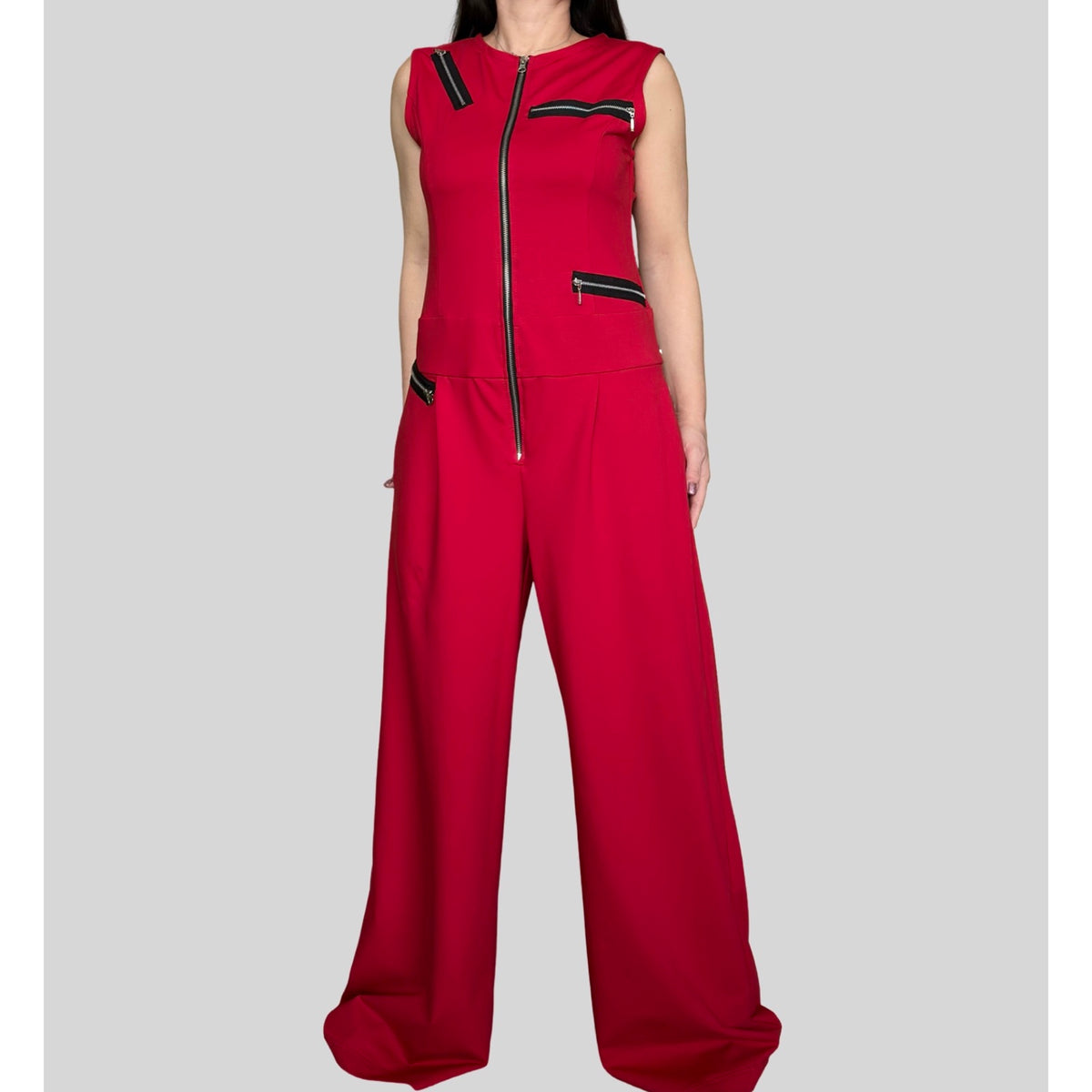 Red Sleeveless Cotton Jumpsuit with Decorative Zippers / Avant-Garde Wide Leg One Piece
