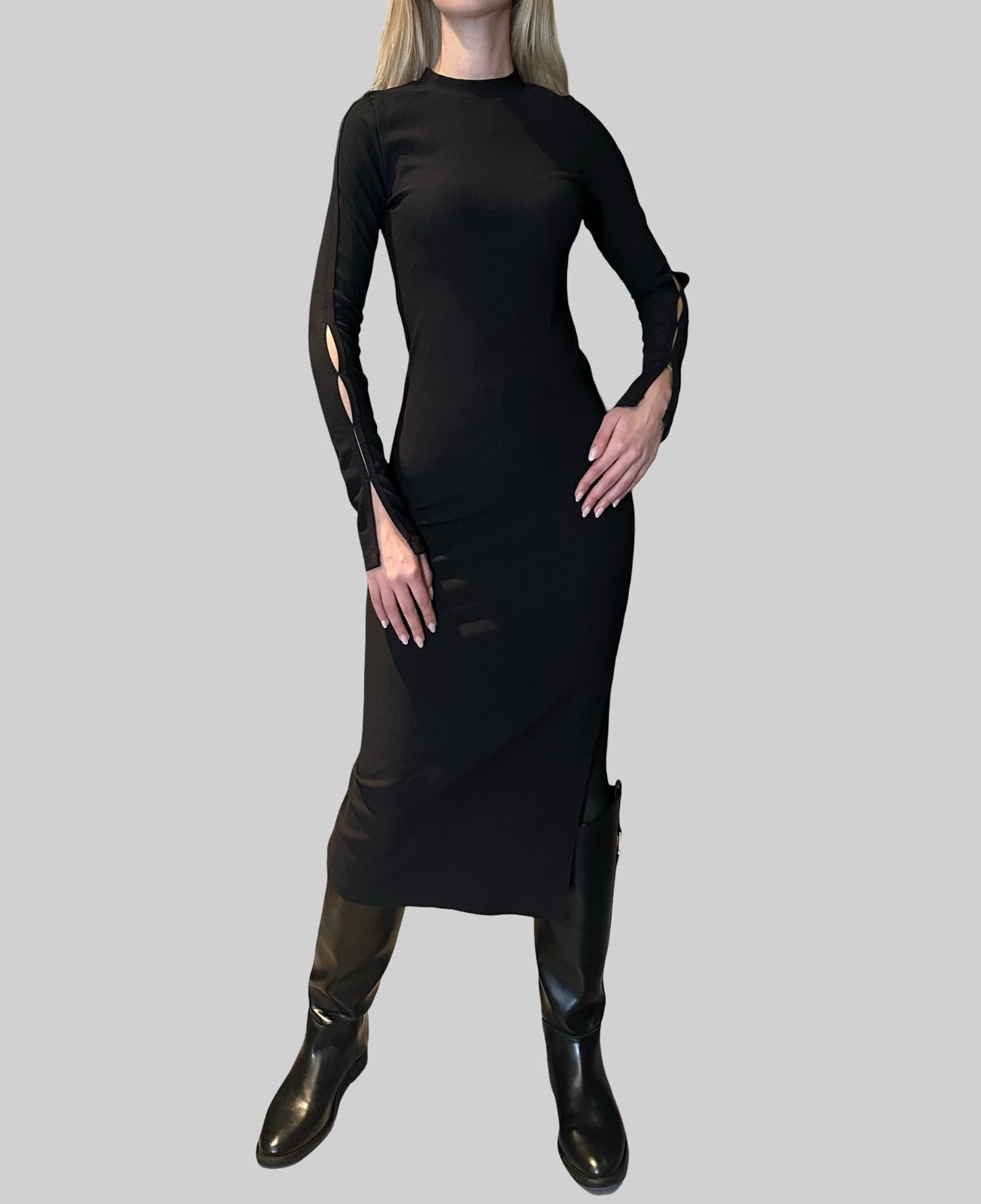 Black Ribbed Cotton Dress — Long Fitted Dress with Slit and Sleeve Details