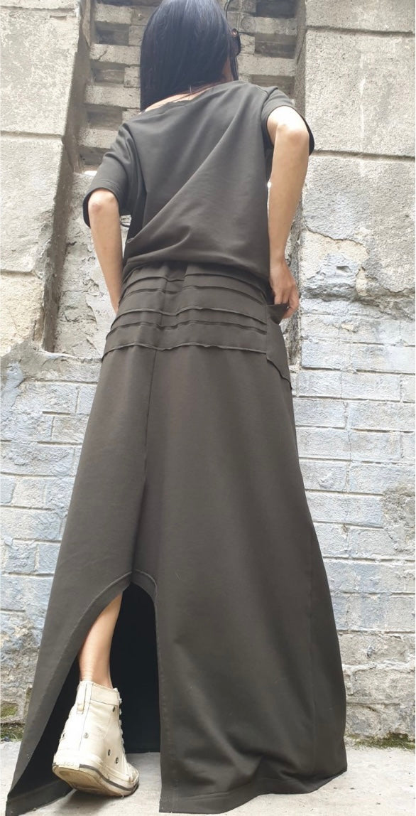 Military Green Asymmetric Two-Piece Set with Short Sleeve Top and High Waist Skirt