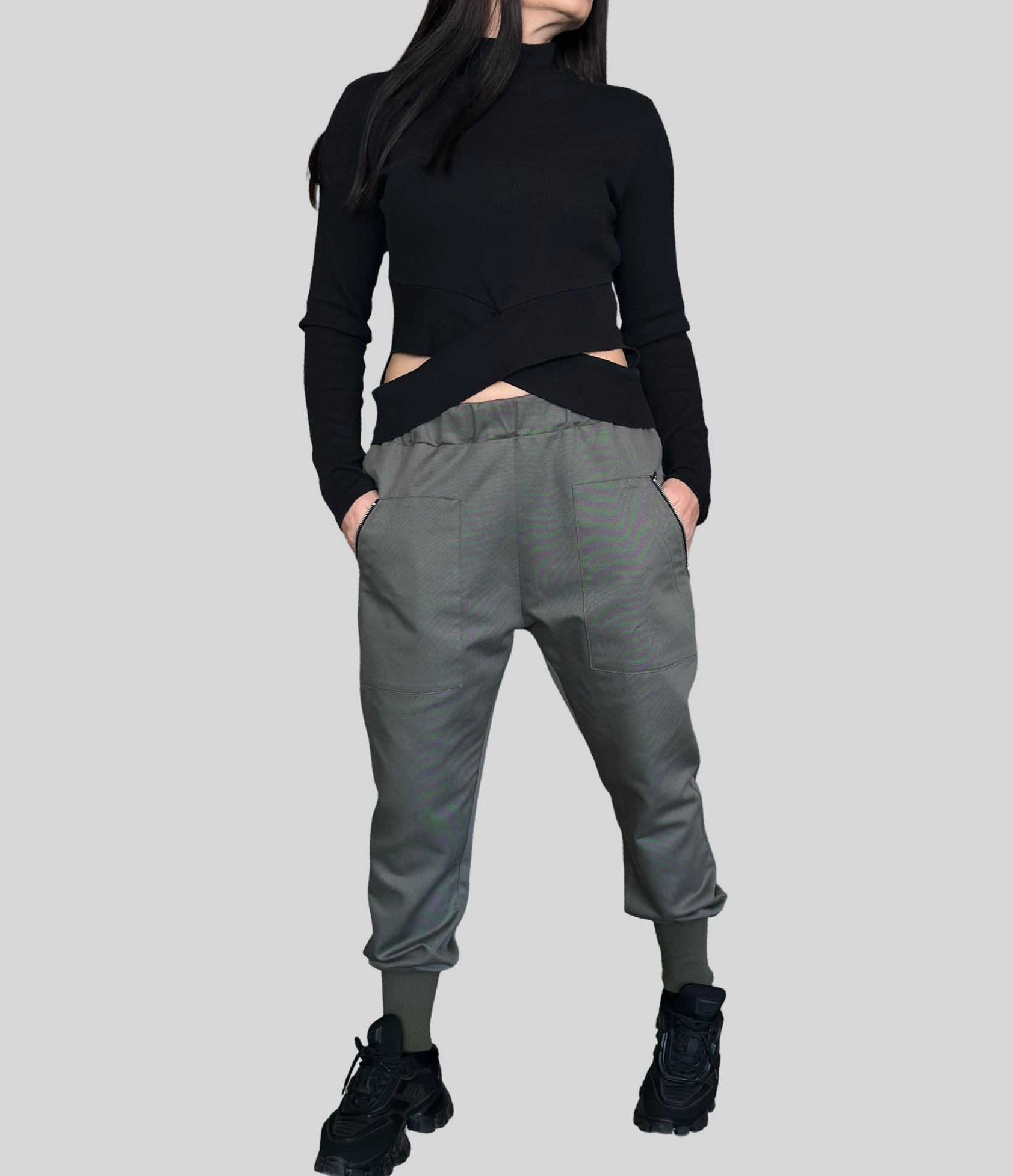 Military Green Jogger Pants with Front Zip Pockets and Back Zipper Detail
