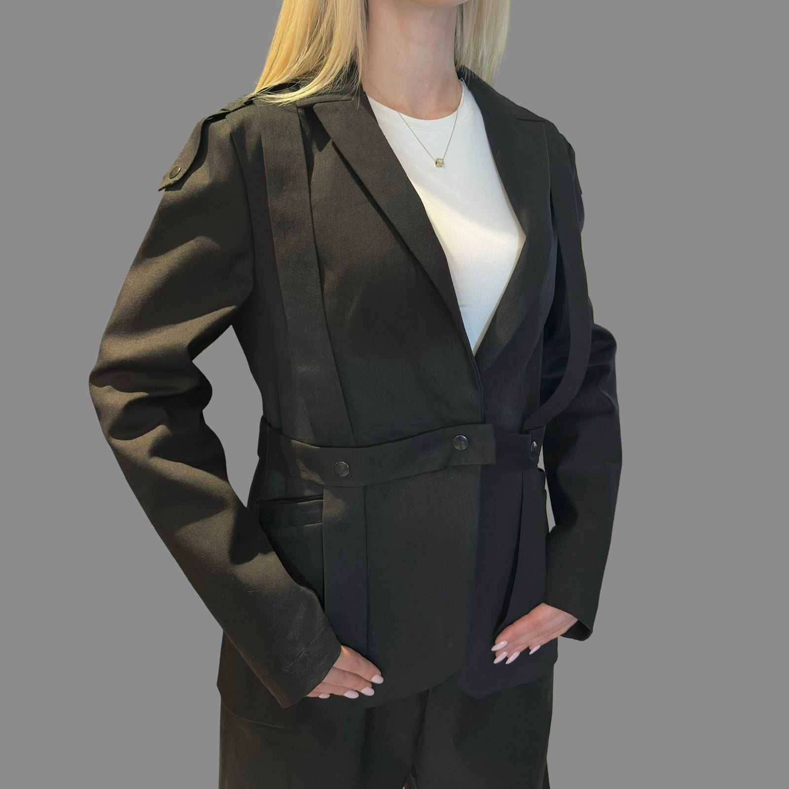 Black Denim Blazer with Front Pockets and Asymmetric Straps