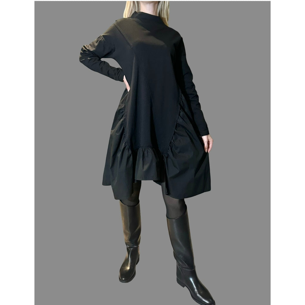 Black Oversized Asymmetric Dress – Avant-Garde Cotton Tunic with Dramatic Volume