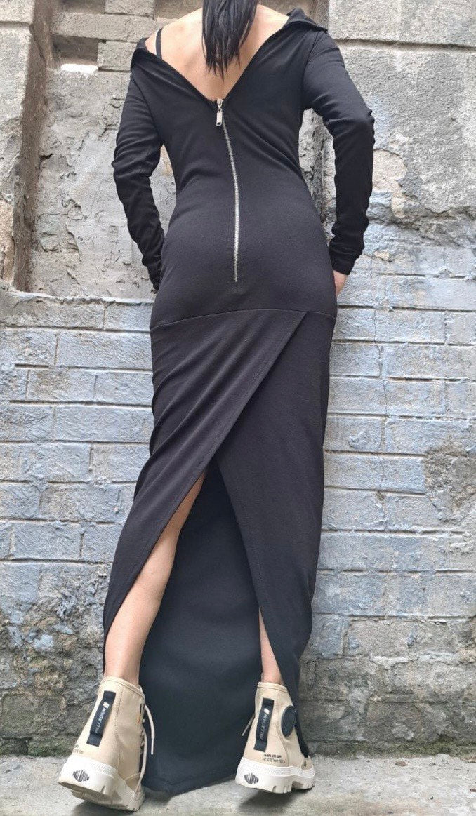 Black Asymmetric Cotton Maxi Dress with Back Zipper and Pockets