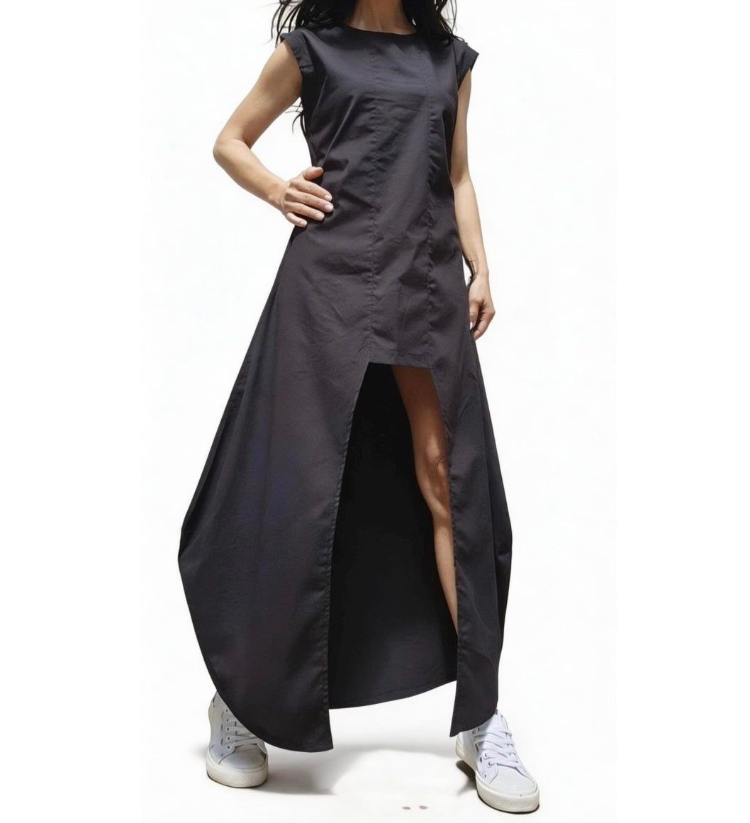 Black Asymmetric Sleeveless Cotton Dress – Short Front, Long Back