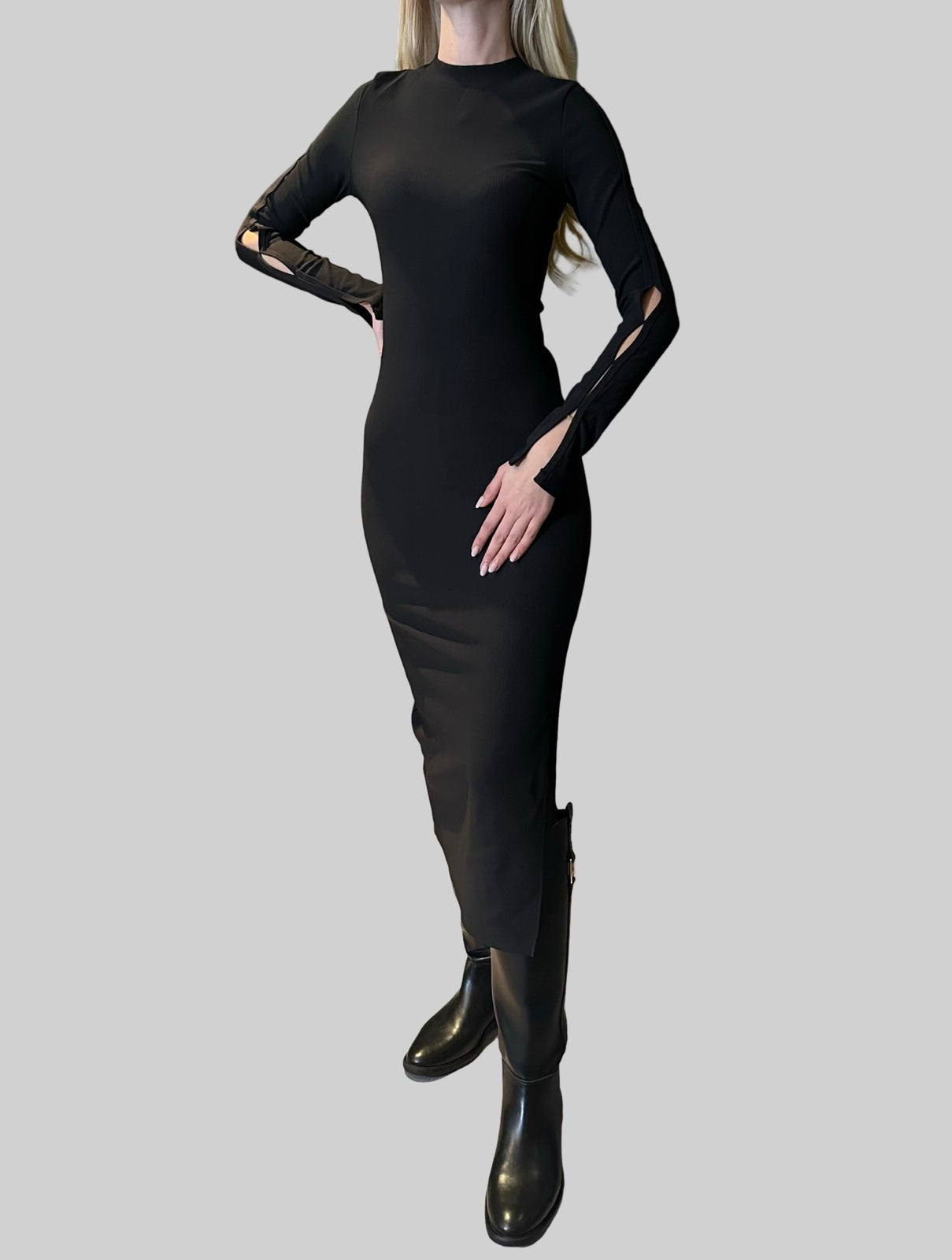 Black Ribbed Cotton Dress — Long Fitted Dress with Slit and Sleeve Details