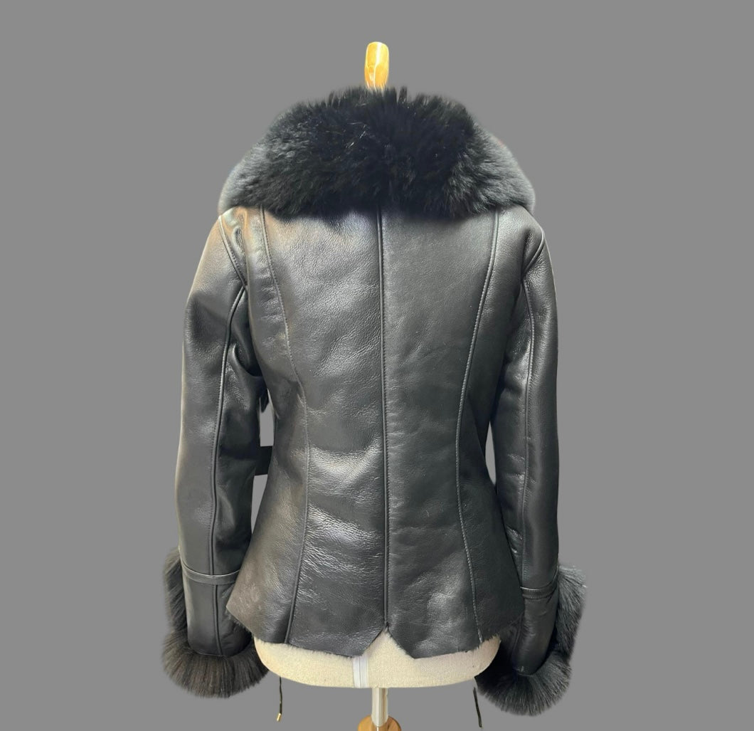 Black Shearling Coat with Fox Fur Collar and Cuffs