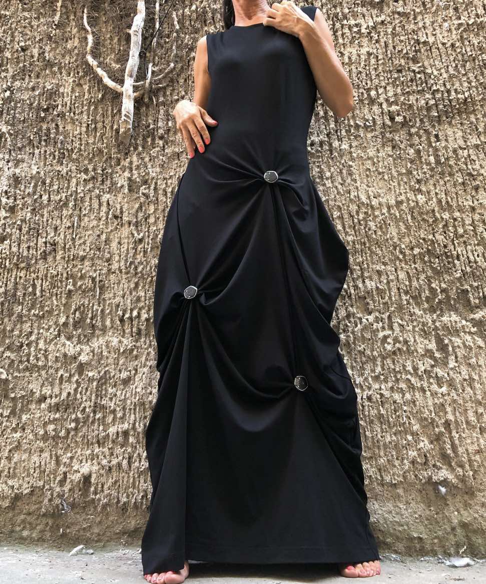Black Asymmetric Sleeveless Cotton Dress with Button Draping