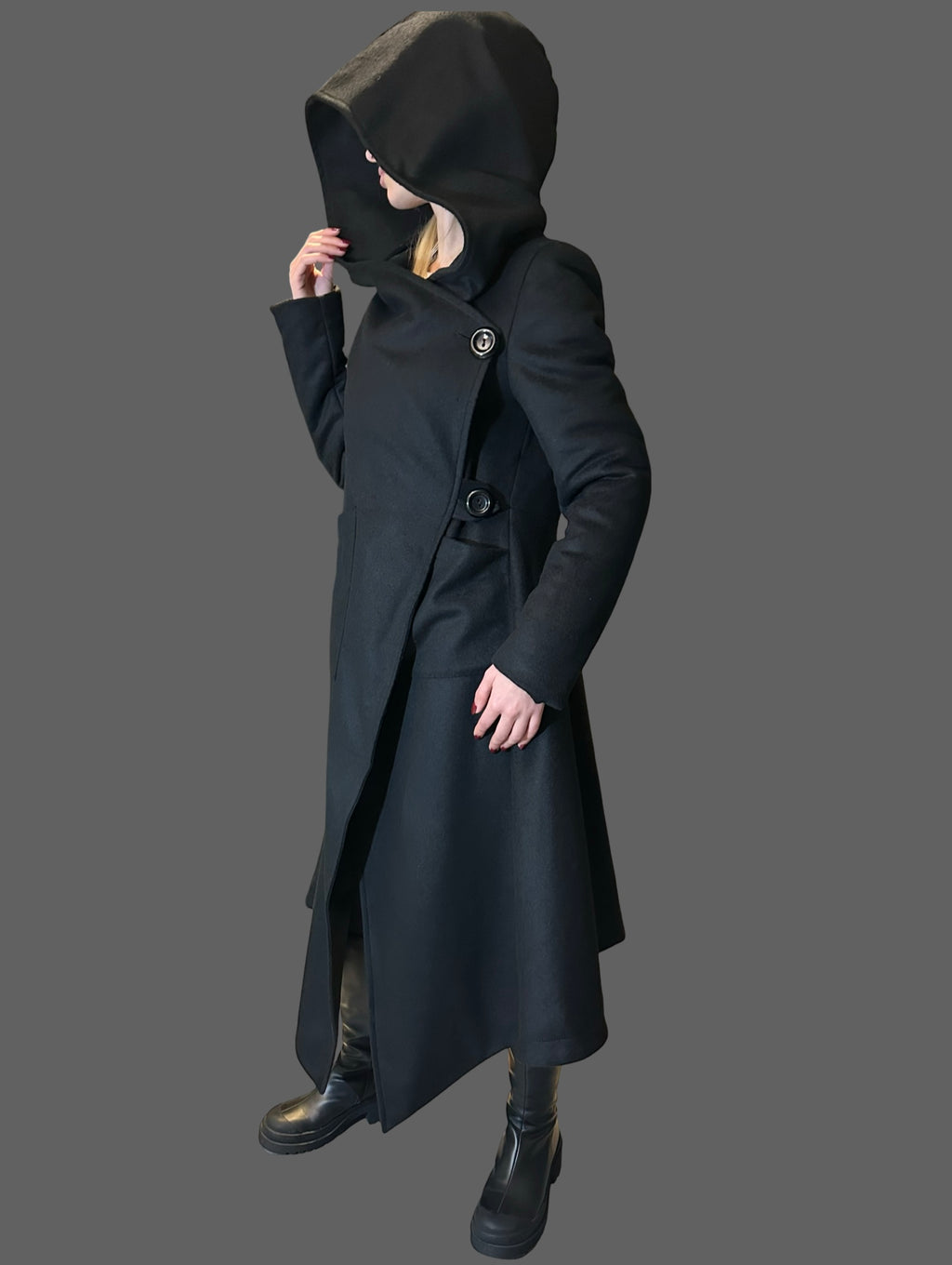 Asymmetric Black Hooded Coat – Avant-Garde Long Fleece Jacket
