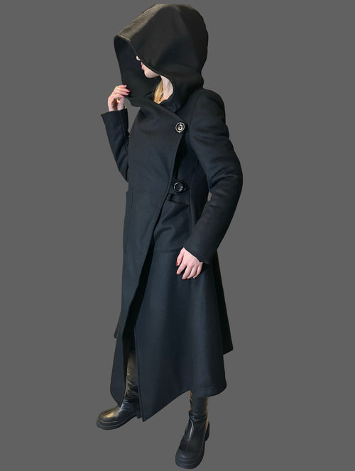 Asymmetric Black Hooded Coat – Avant-Garde Long Fleece Jacket