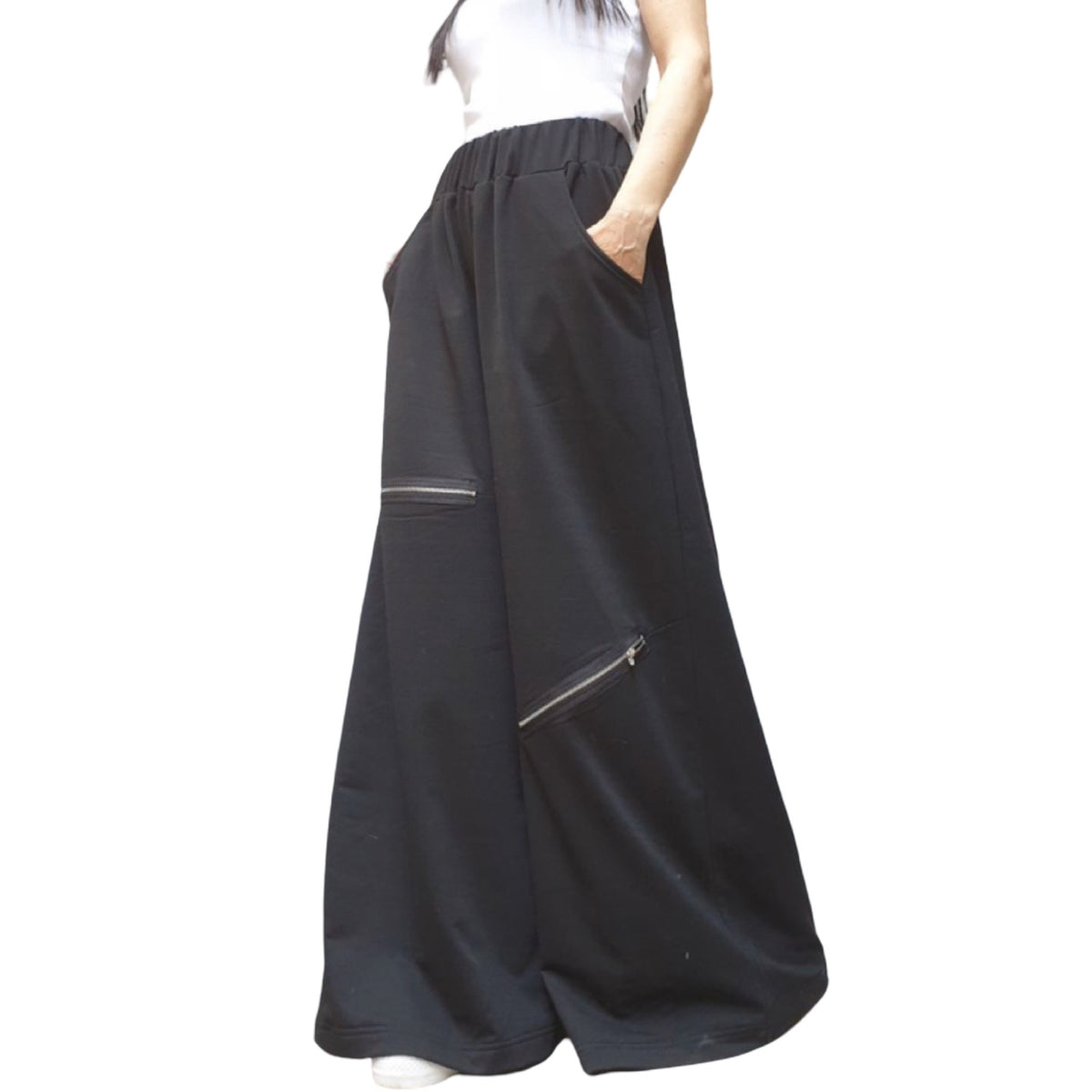 Black Wide Leg Pants / Cotton Stretch Palazzo Pants with Zipper Details