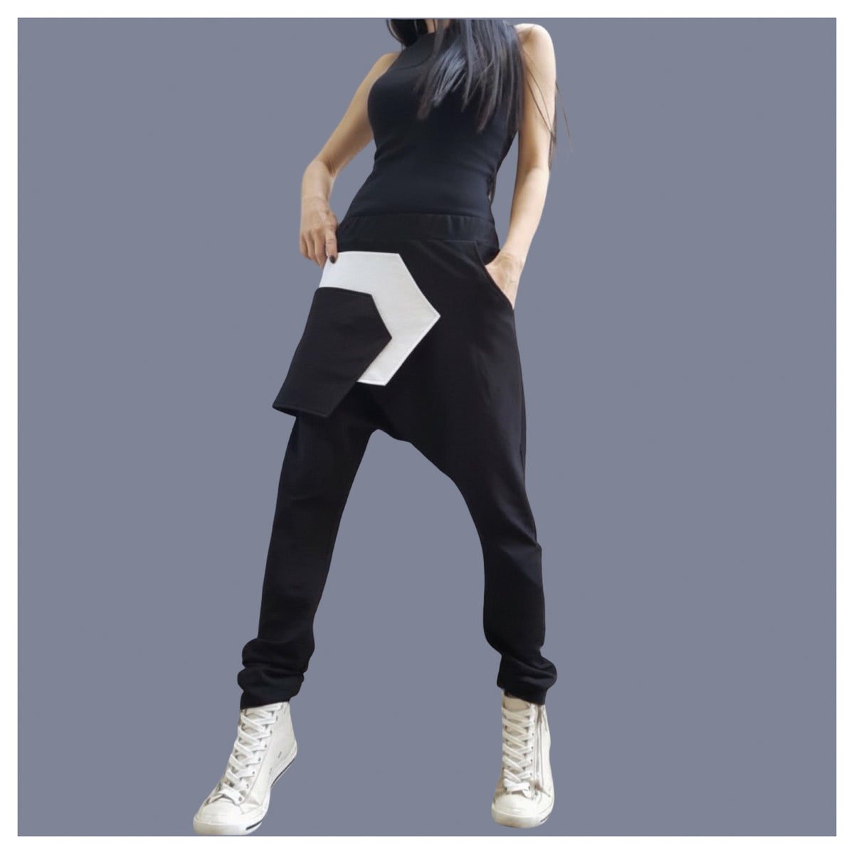 Black Cotton Harem Pants with White Asymmetrical Detail / Drop Crotch Pants