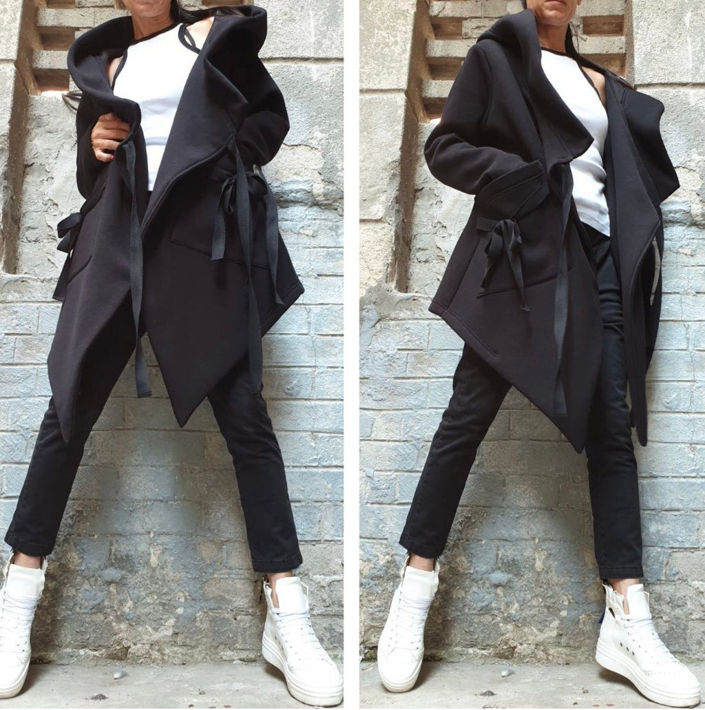 Black Asymmetric Hooded Coat with Front Pockets and Tie Closure