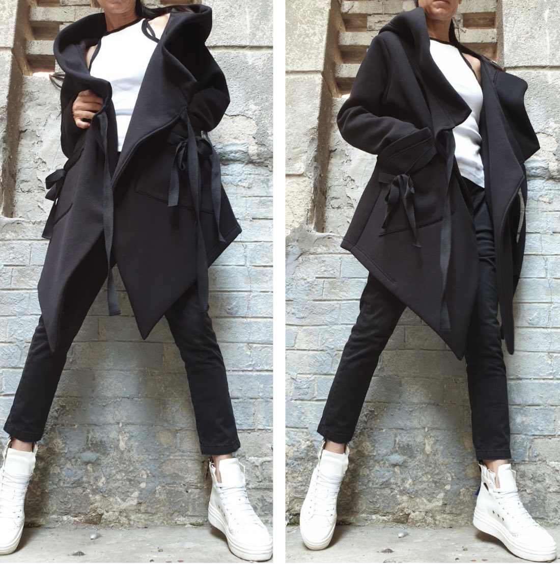 Black Asymmetric Hooded Coat with Front Pockets and Tie Closure