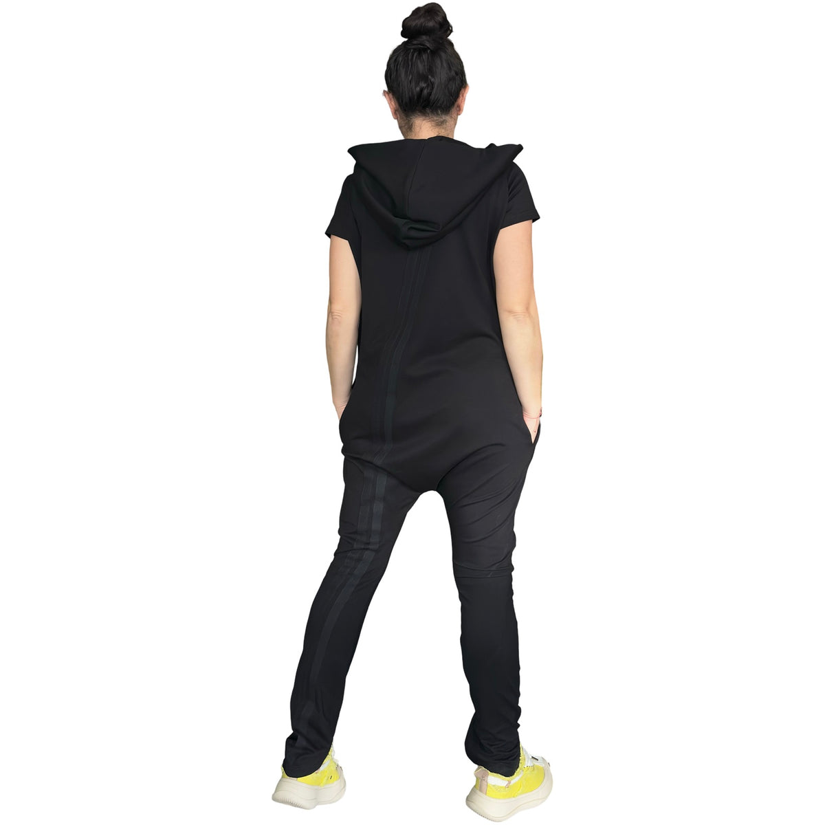 Black Hooded Harem Jumpsuit / Cotton Stretch Zip Front Romper with Pockets