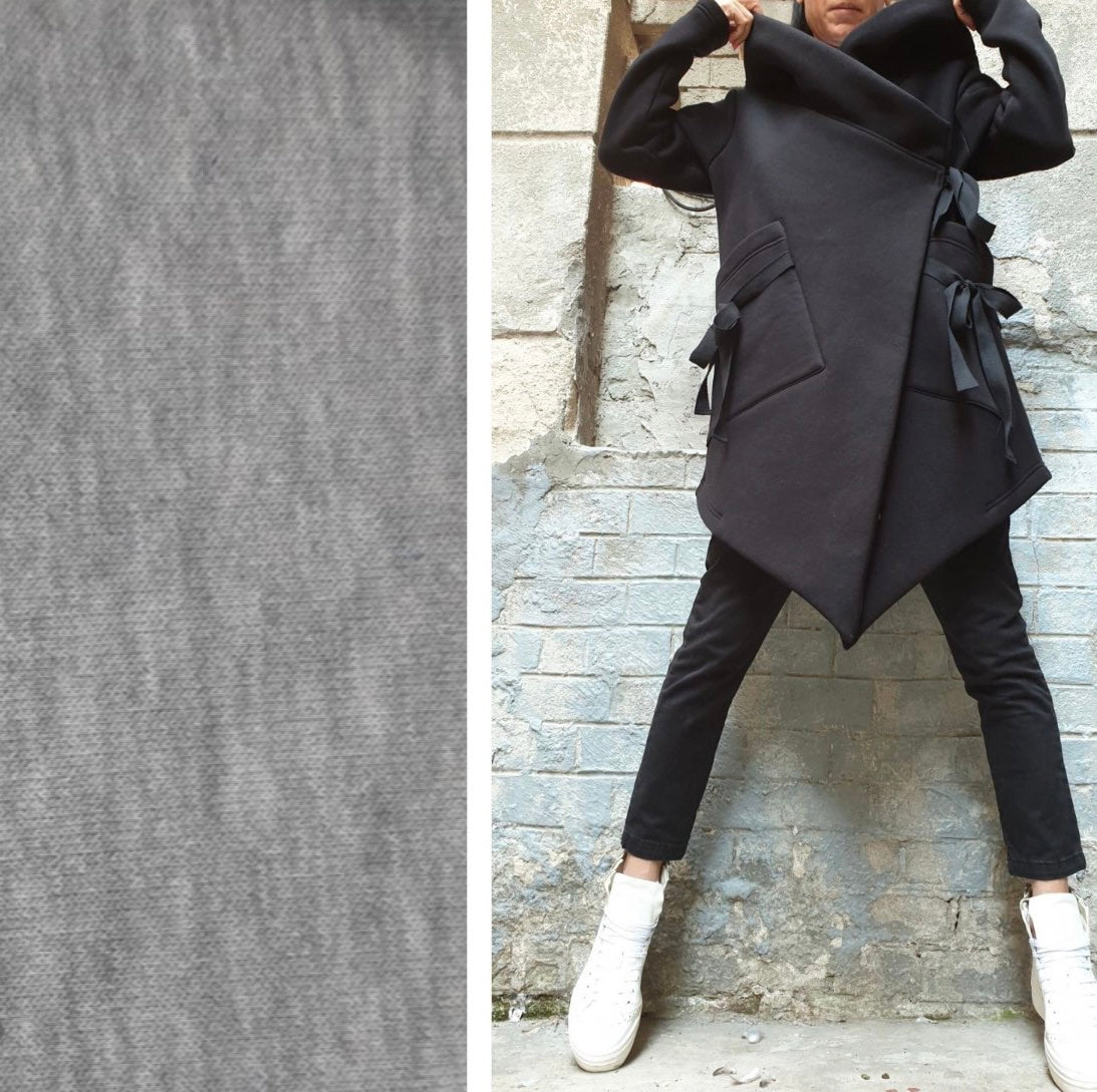 Black Asymmetric Hooded Coat with Front Pockets and Tie Closure
