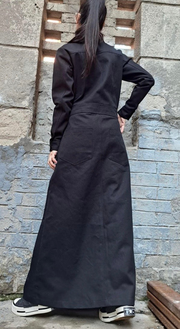 Black Denim Shirt Maxi Dress with Front Buttons and Pockets