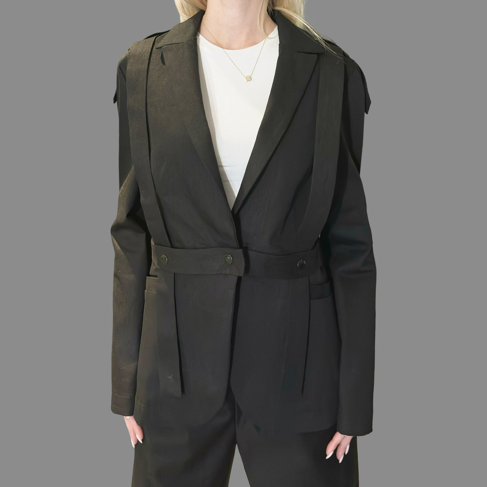 Black Denim Blazer with Front Pockets and Asymmetric Straps