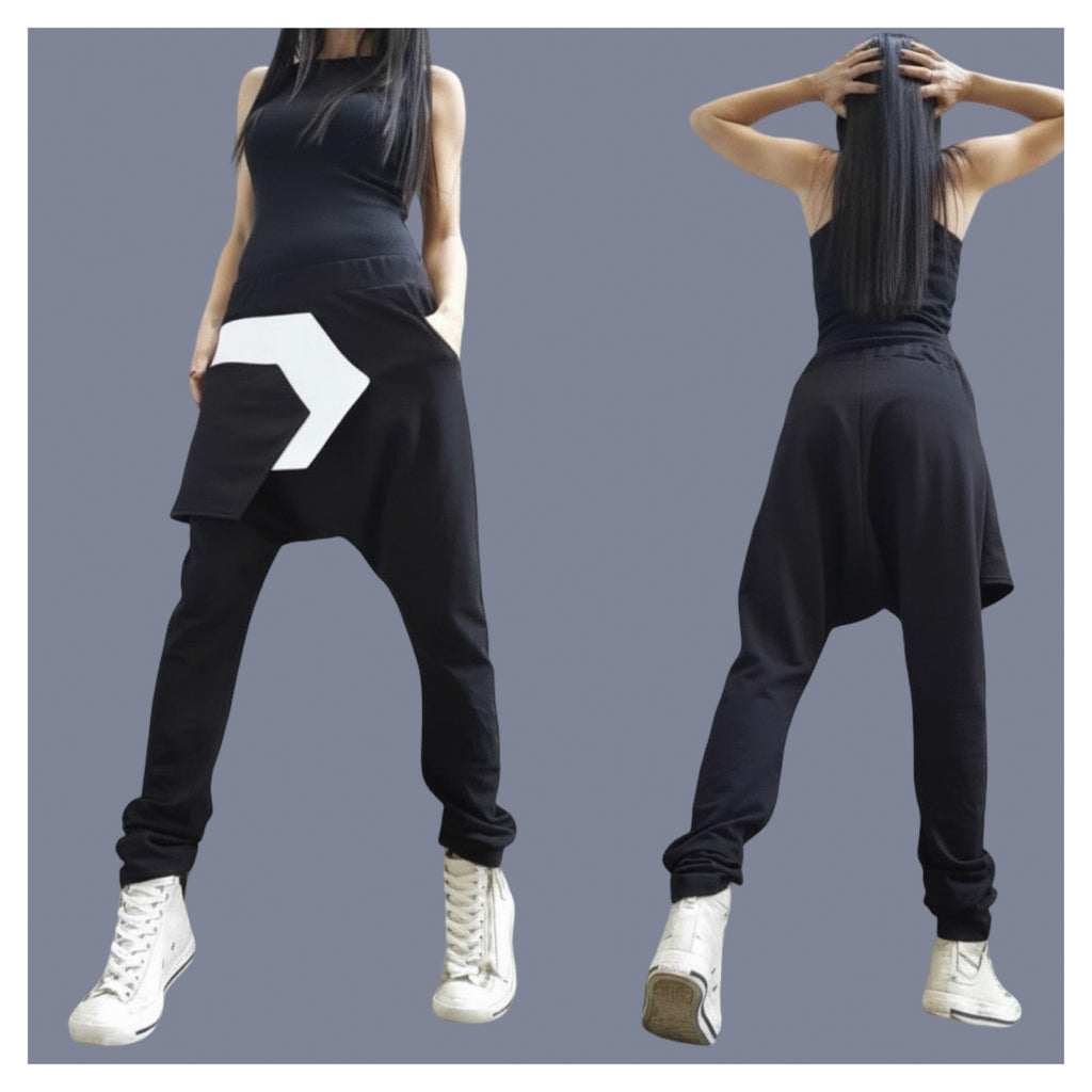 Black Cotton Harem Pants with White Asymmetrical Detail / Drop Crotch Pants