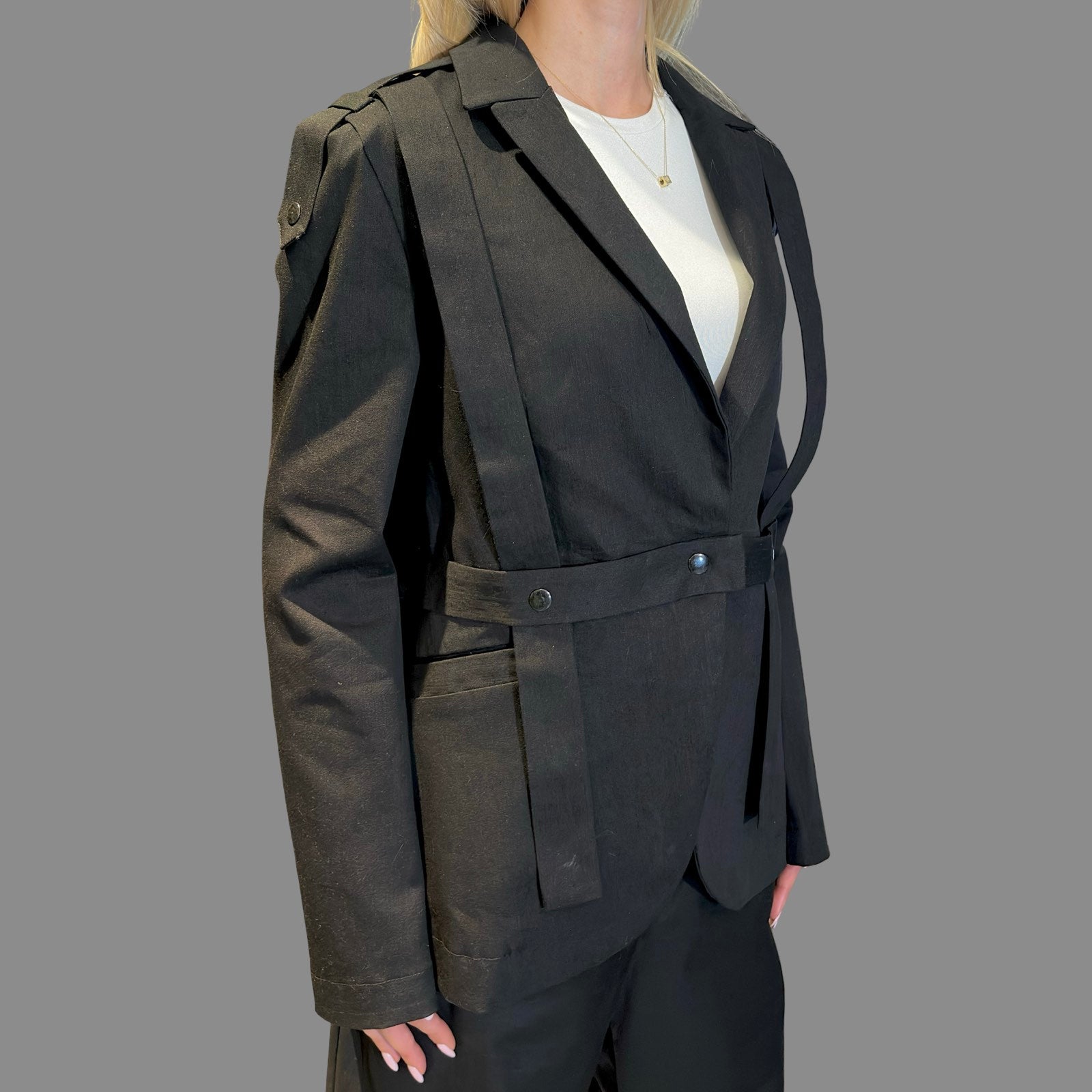 Black Denim Blazer with Front Pockets and Asymmetric Straps