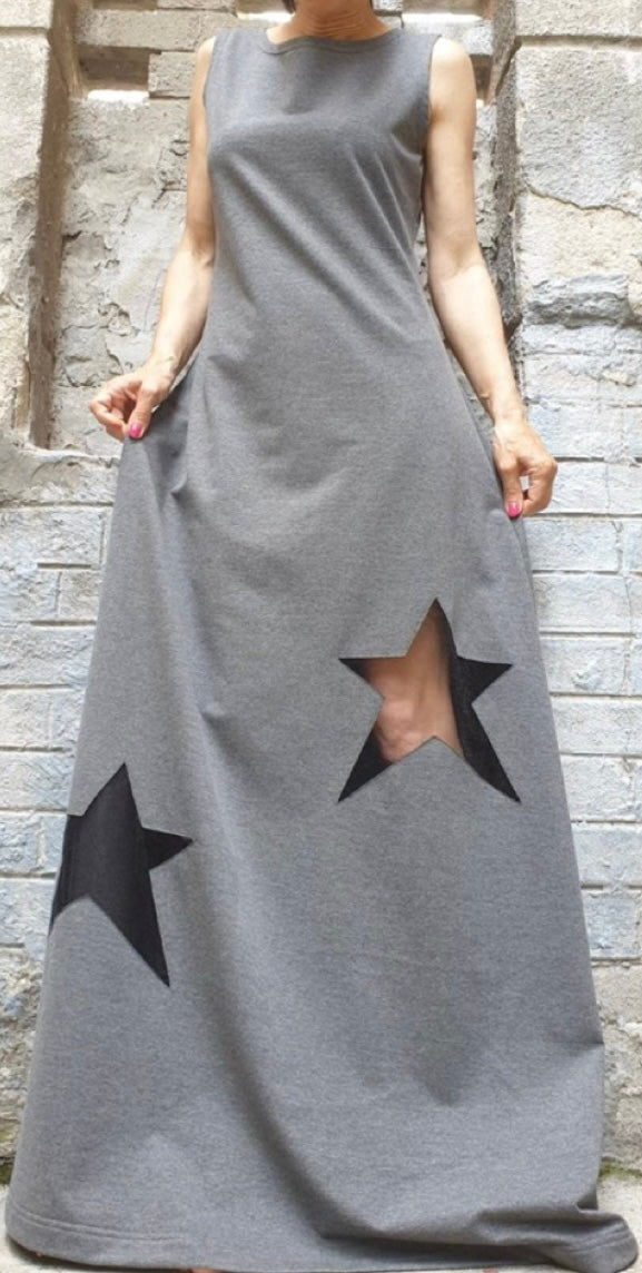 Gray Sleeveless Maxi Dress with Hand-Cut Star Details