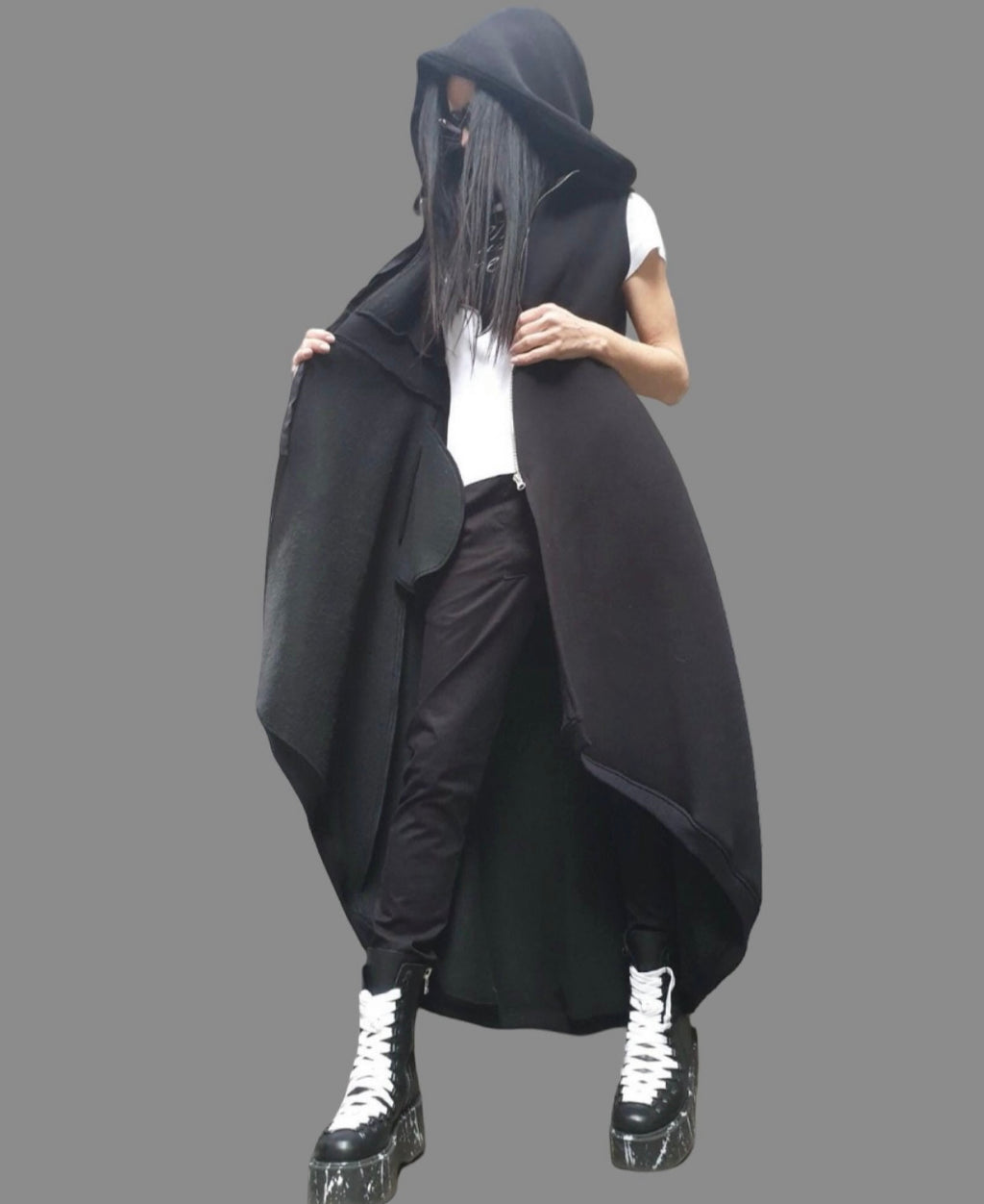 Black Asymmetric Hooded Sleeveless Vest with Zipper Closure