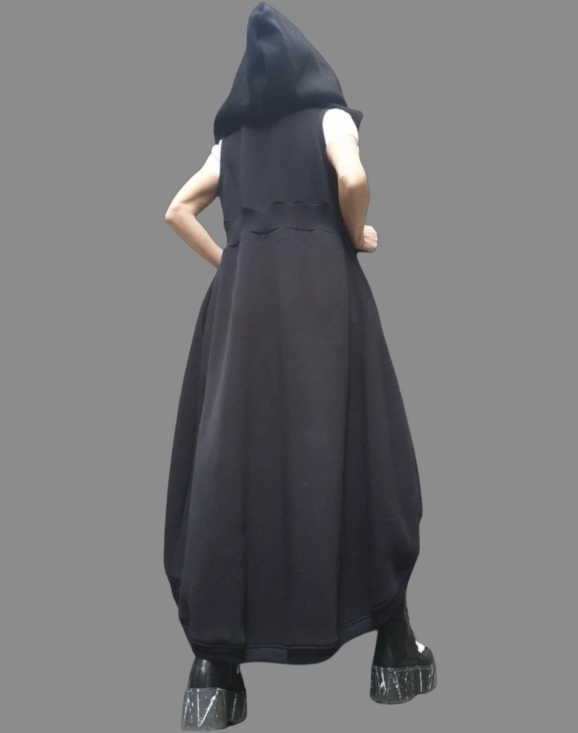 Black Asymmetric Hooded Sleeveless Vest with Zipper Closure