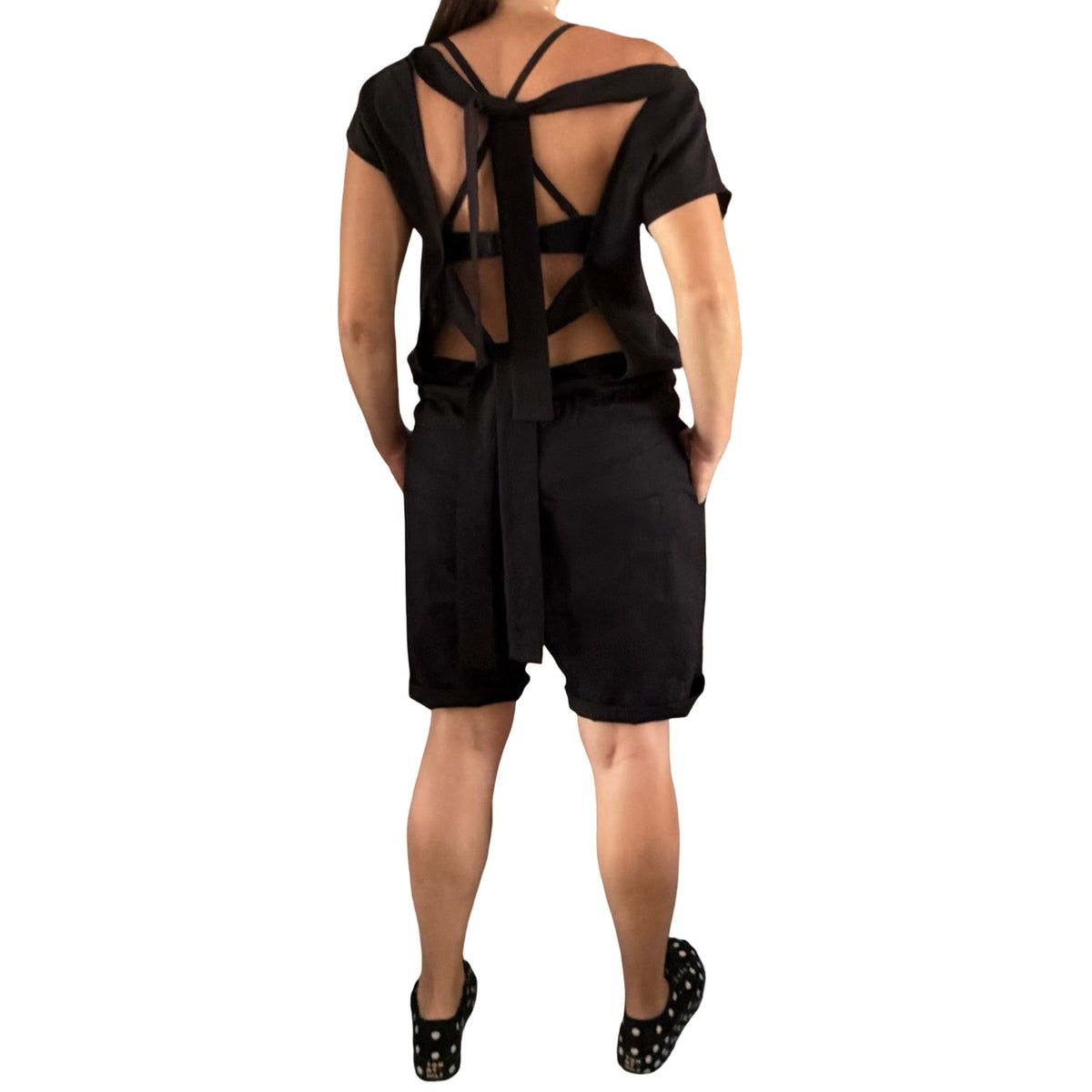 Black Linen Asymmetrical Short Jumpsuit with Open Back