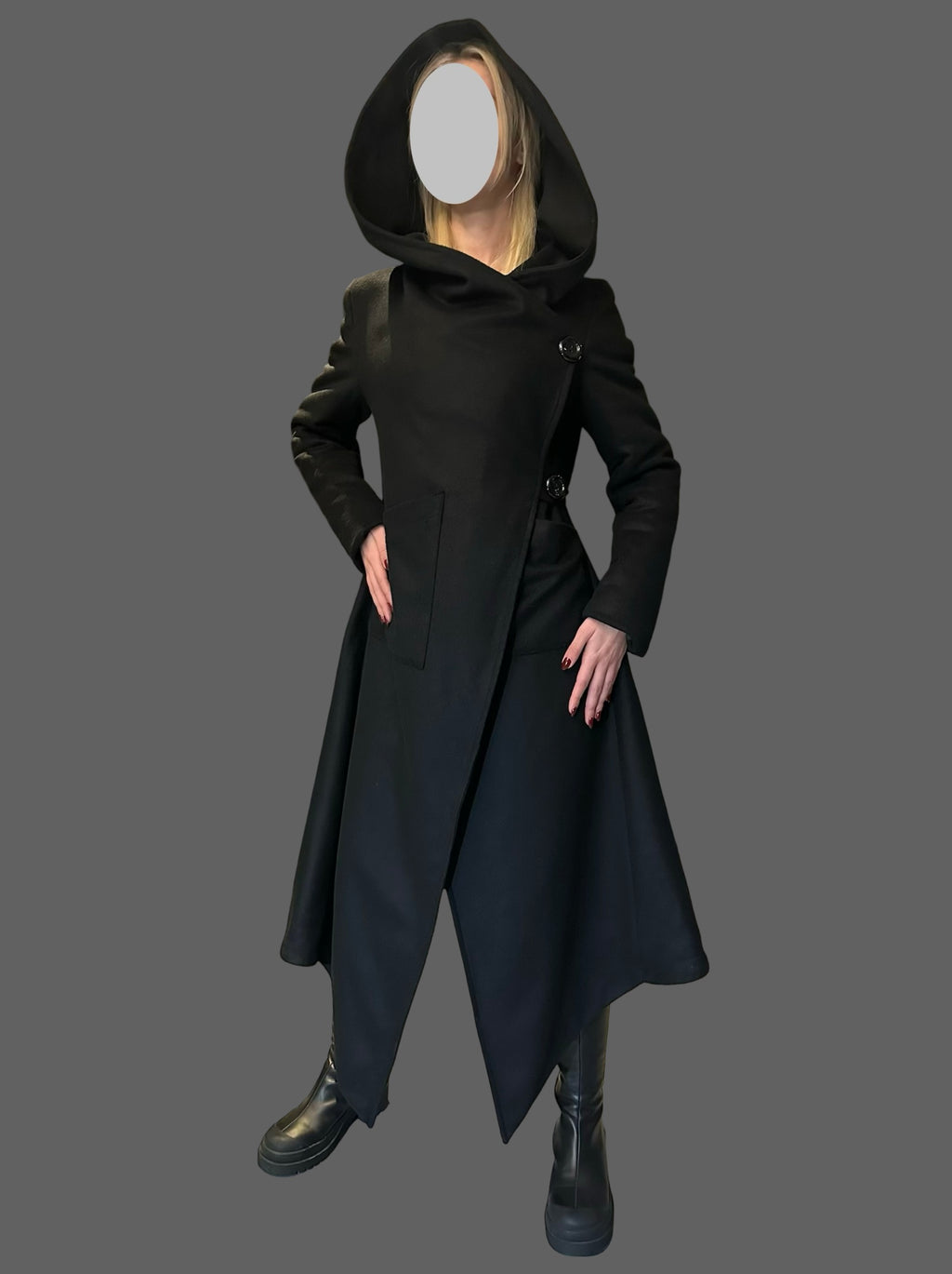 Asymmetric Black Hooded Coat – Avant-Garde Long Fleece Jacket