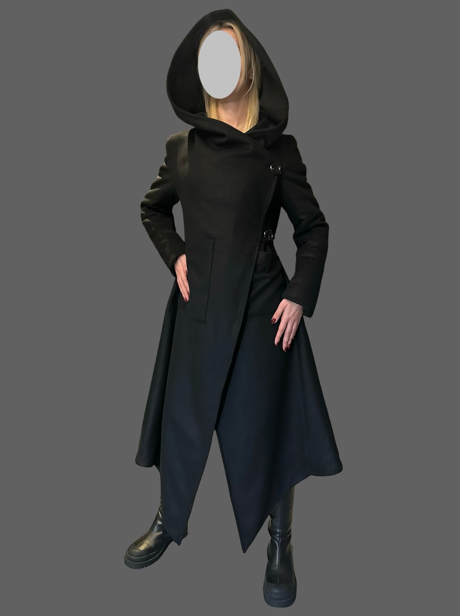 Asymmetric Black Hooded Coat – Avant-Garde Long Fleece Jacket