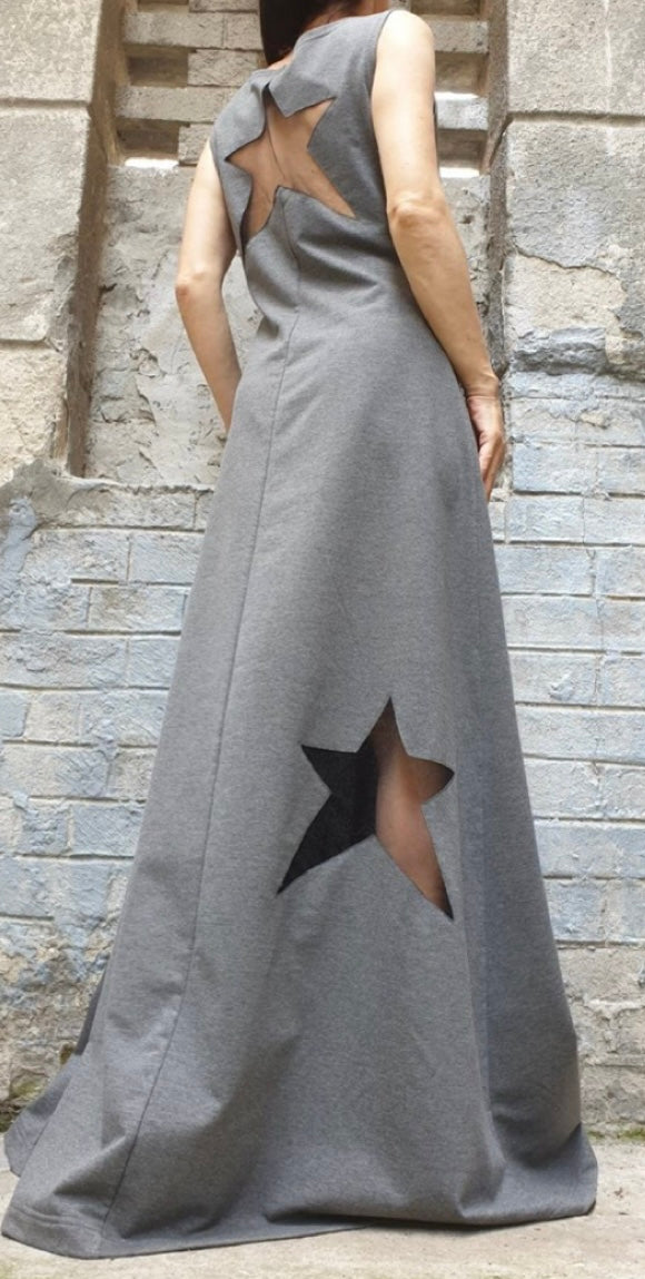 Gray Sleeveless Maxi Dress with Hand-Cut Star Details