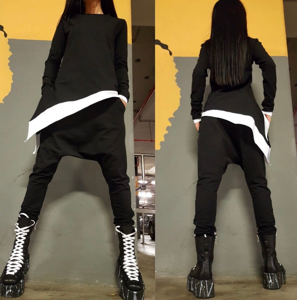 Black Asymmetric Two-Piece Set with White Detail and Harem Pants