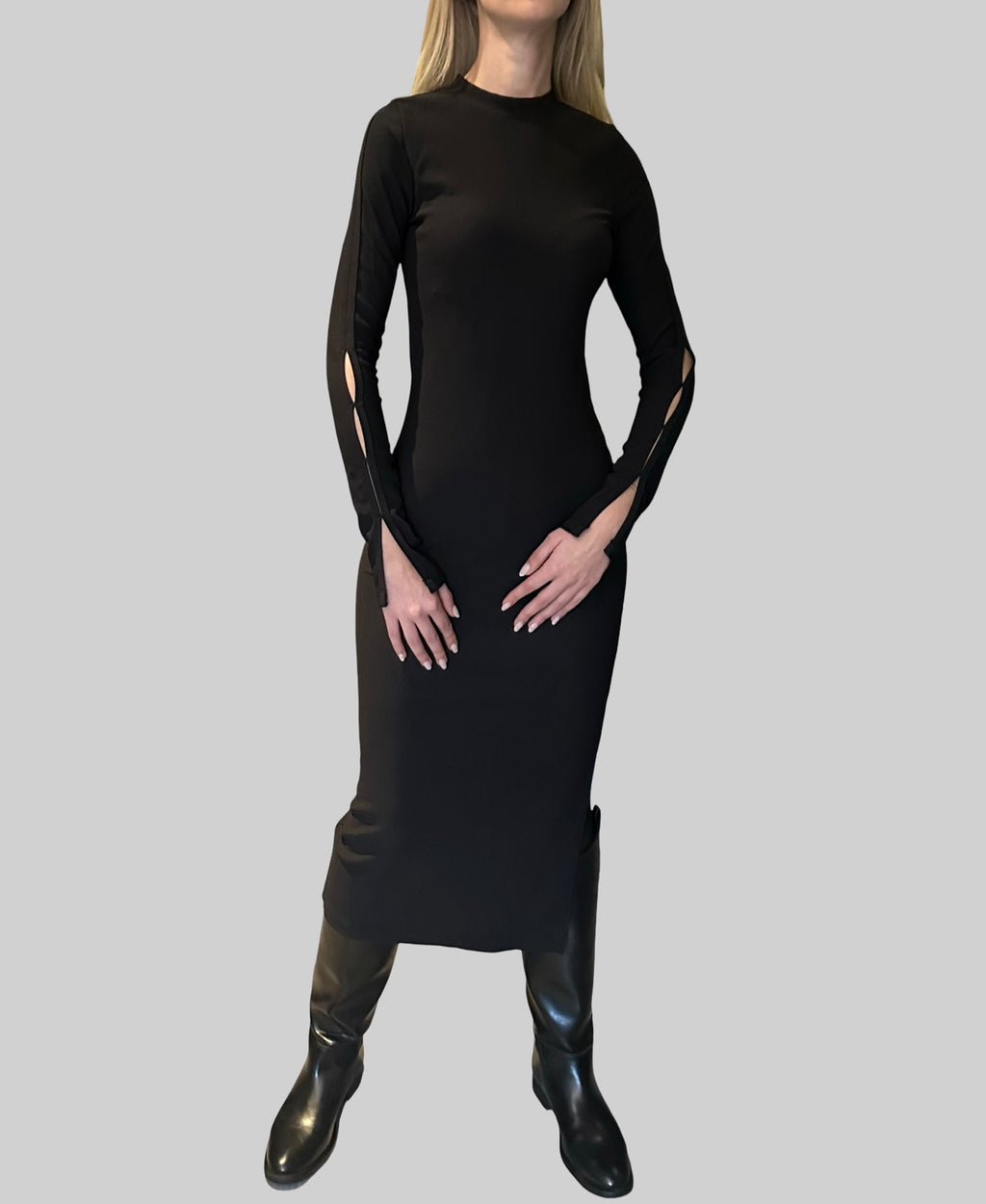 Black Ribbed Cotton Dress — Long Fitted Dress with Slit and Sleeve Details