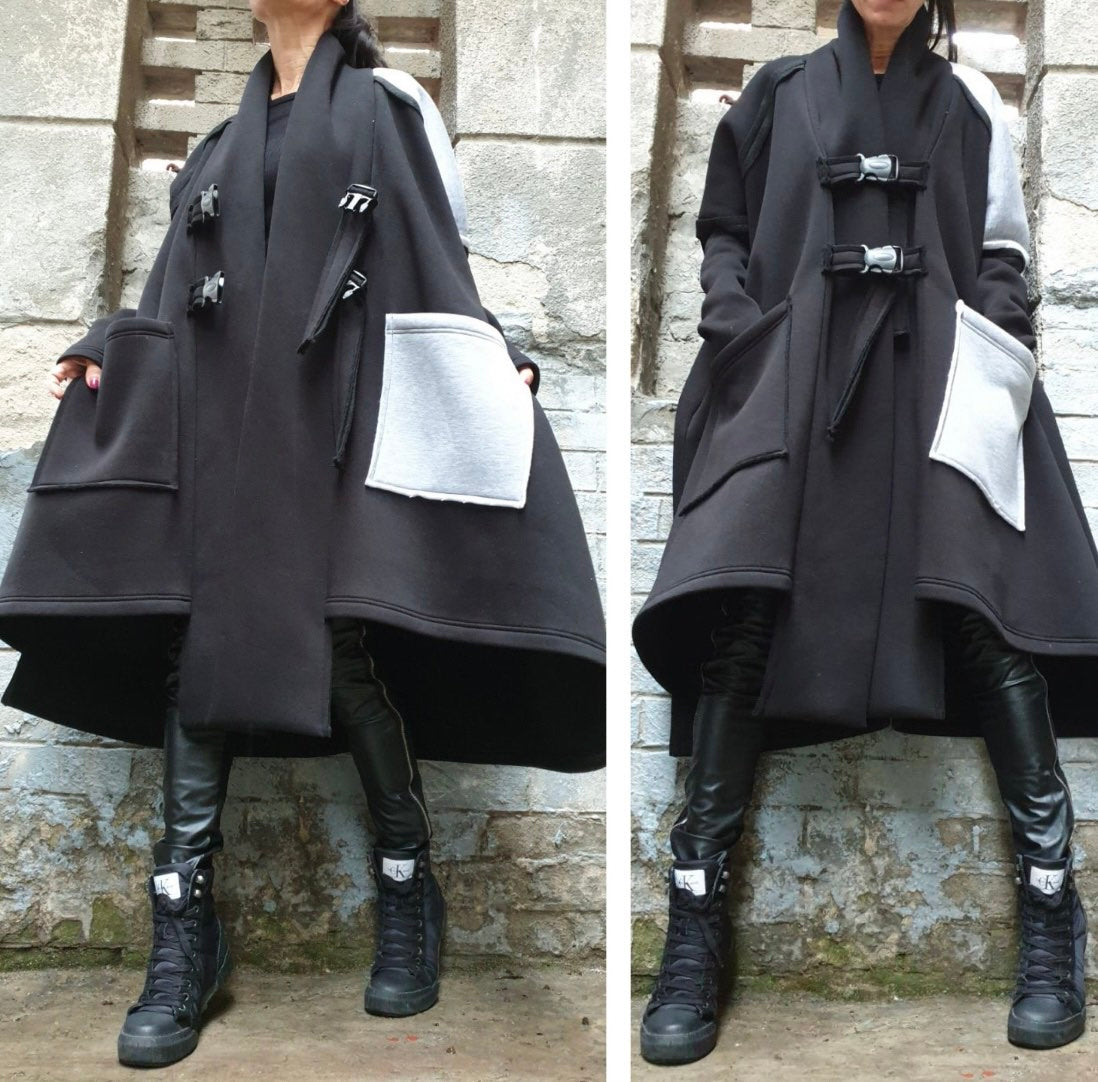 Black and Gray Asymmetric Coat with Oversized Pockets