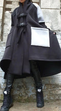 Black and Gray Asymmetric Coat with Oversized Pockets
