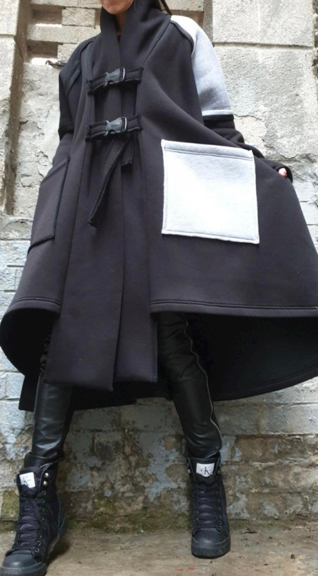 Black and Gray Asymmetric Coat with Oversized Pockets