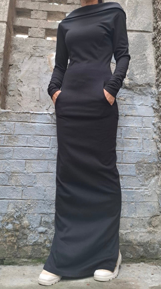 Black Asymmetric Cotton Maxi Dress with Back Zipper and Pockets
