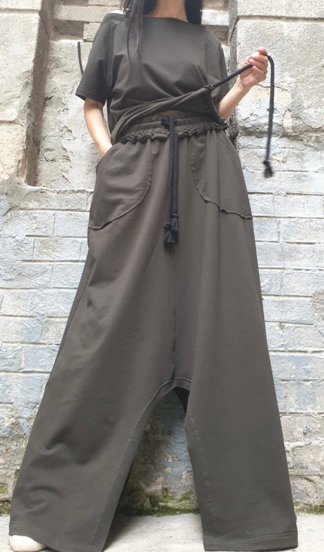 Military Green Asymmetric Two-Piece Set with Short Sleeve Top and High Waist Skirt