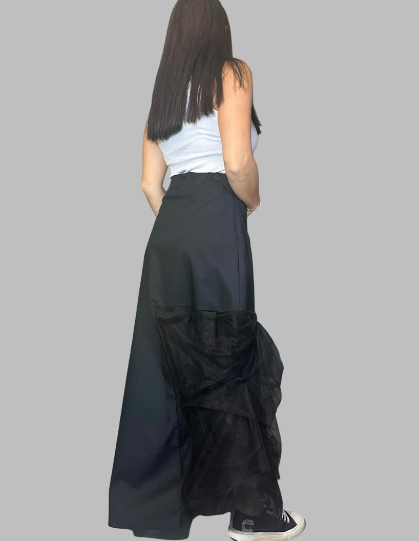 Black High Waist Asymmetric Maxi Skirt with Tulle Detail