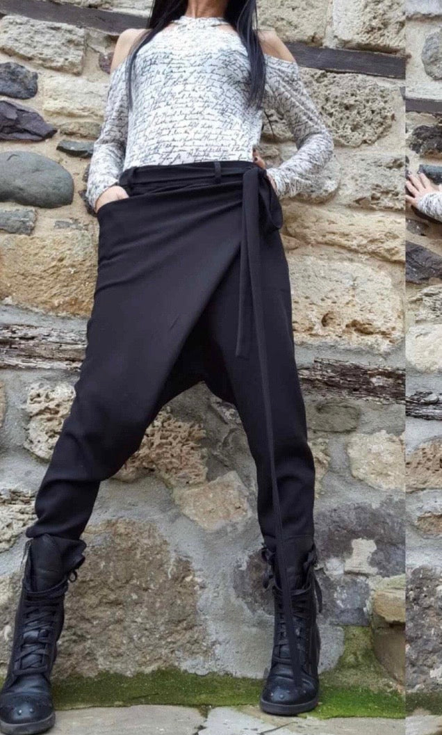 Black Asymmetric Cotton Harem Pants with Tie Detail  / Avant-Garde Trousers