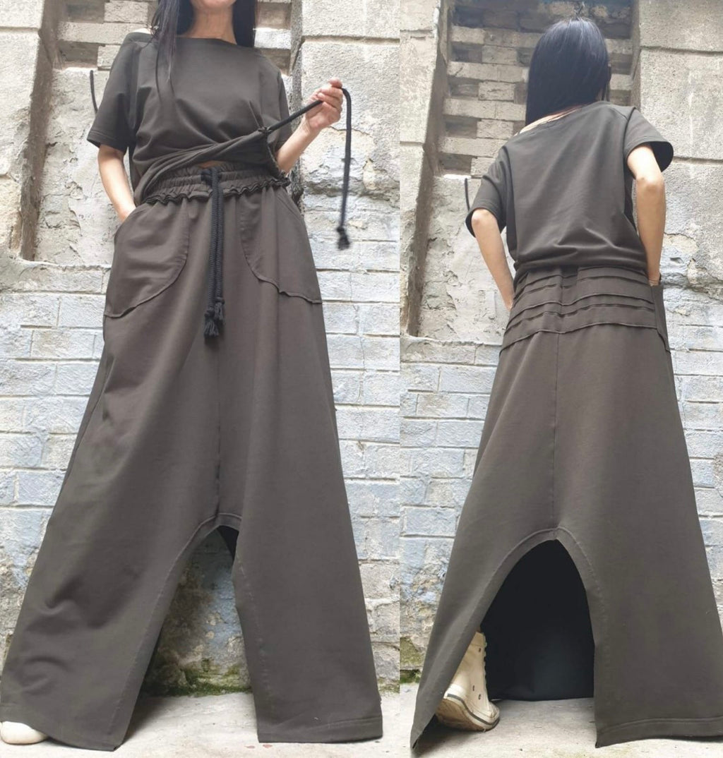 Military Green Asymmetric Two-Piece Set with Short Sleeve Top and High Waist Skirt