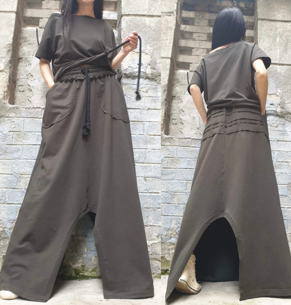 Military Green Asymmetric Two-Piece Set with Short Sleeve Top and High Waist Skirt