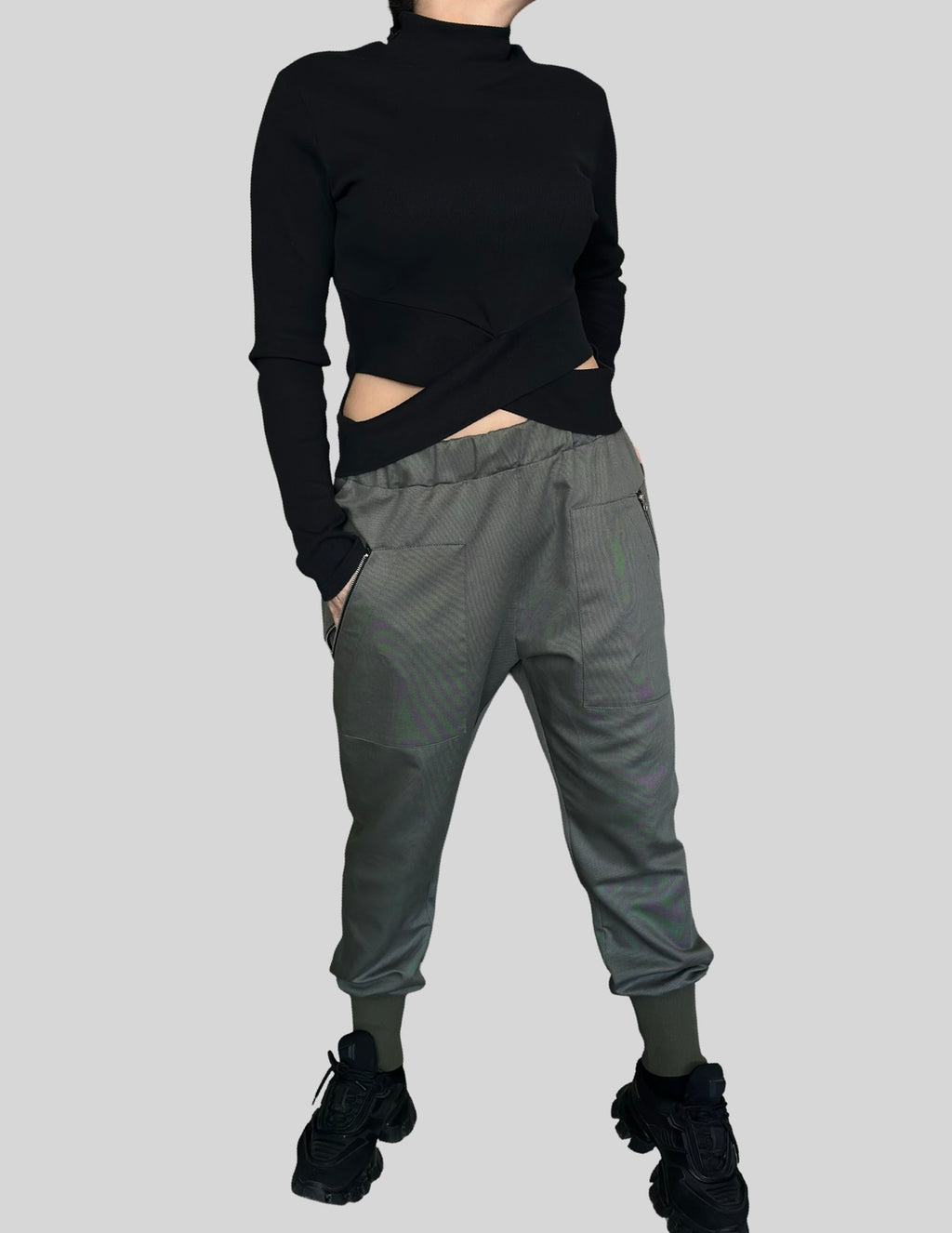 Military Green Jogger Pants with Front Zip Pockets and Back Zipper Detail