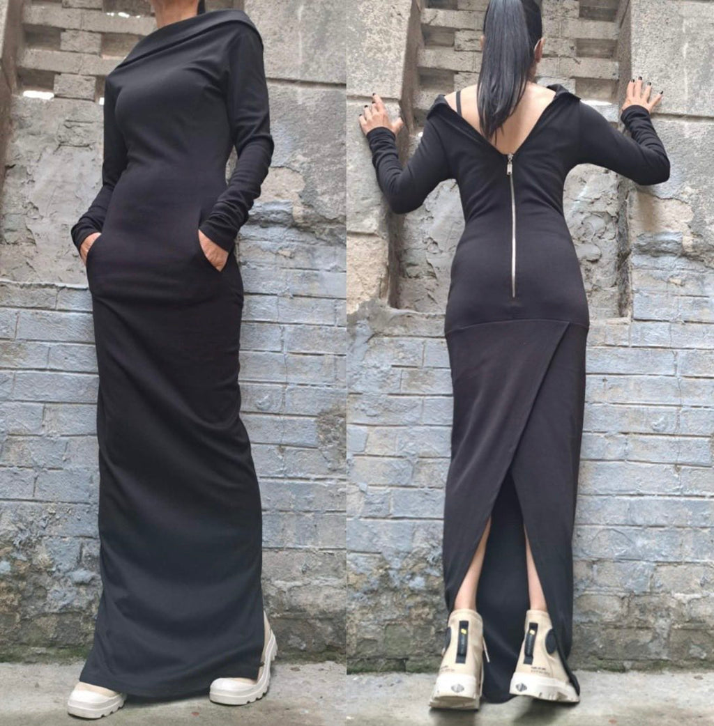 Black Asymmetric Cotton Maxi Dress with Back Zipper and Pockets