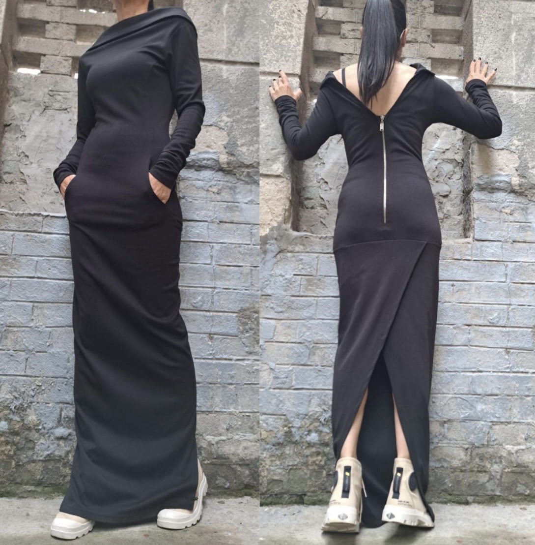 Black Asymmetric Cotton Maxi Dress with Back Zipper and Pockets
