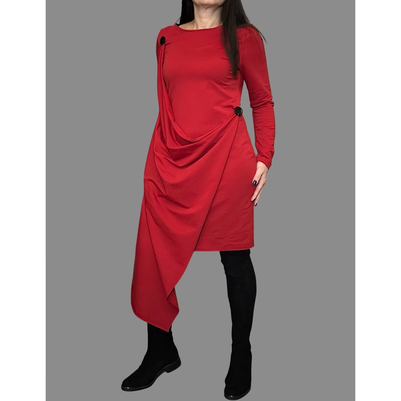 Red Asymmetrical Cotton Dress — Avant-Garde Draped Tunic